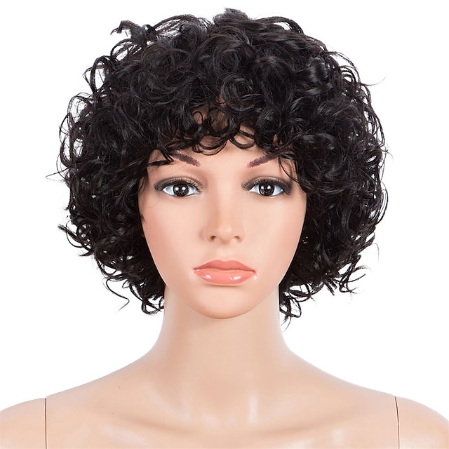  Human Hair Wig Curly With Bangs Black Soft Women Easy dressing Capless Brazilian Hair Women's Natural Black #1B 8 inch Party / Evening Daily Daily Wear