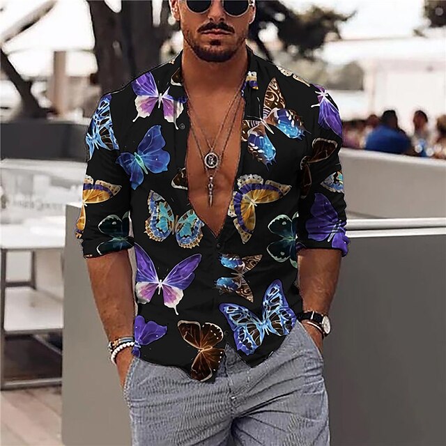 

Men's Shirt 3D Print Butterfly Animal Turndown Casual Daily 3D Print Button-Down Long Sleeve Tops Casual Fashion Designer Comfortable Black