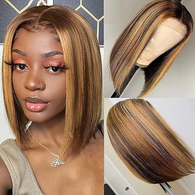 Beauty & Hair Wigs & Hair Pieces | Ombre Highlight Straight Bob Wigs 4x4 HD Lace Front Wigs For Black Women 12A Brazilian Human 