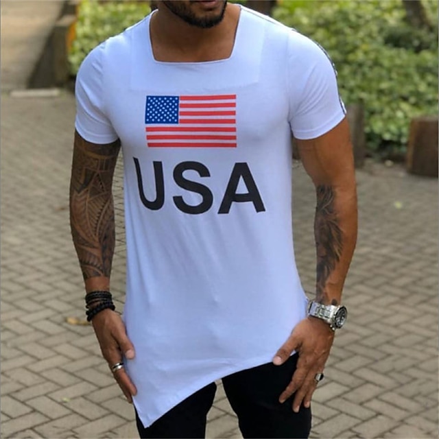 

Men's T shirt Hot Stamping Graphic American Flag Square Neck Casual Daily Print Short Sleeve Tops Lightweight Fashion Big and Tall Sports White