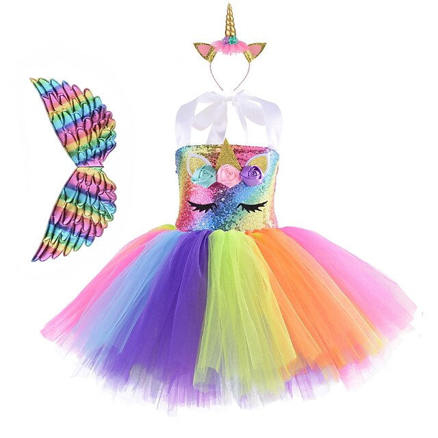 

Kids Little Girls' Dress Unicorn Color Block A Line Dress Performance Christening dress Ruched Mesh Multicolor Pink Dusty Rose Above Knee Sleeveless Costume Cute Dresses Fall Summer Regular Fit 3