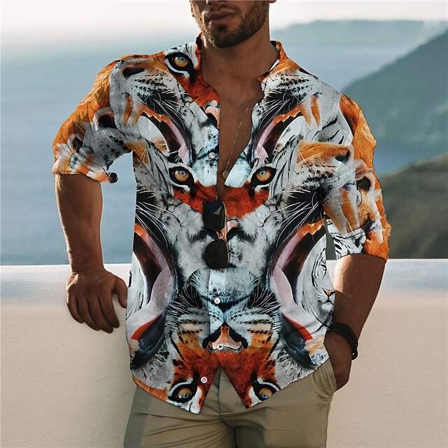 

Men's Shirt 3D Print Tiger Animal Stand Collar Casual Daily Button-Down Print Long Sleeve Tops Casual Fashion Designer Comfortable Yellow