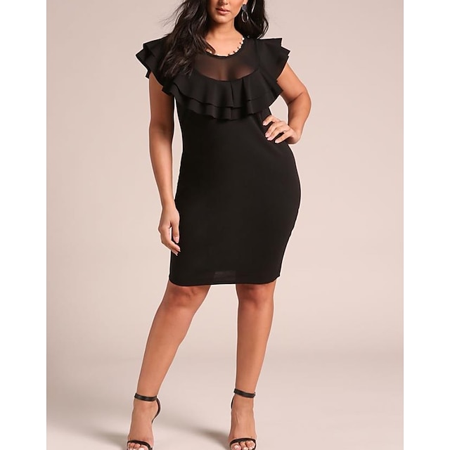 

Women's Bodycon Knee Length Dress Black Short Sleeve Pure Color Ruffle Patchwork Summer Crew Neck Deep U Work Classic 2022 XL XXL 3XL