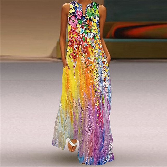 

Women's Shift Dress Maxi long Dress Green Yellow Sleeveless Floral Color Block Geometric Pocket Print Summer Crew Neck Stylish Elegant Casual 2022 5XL S M L XL XXL 3XL 4XL