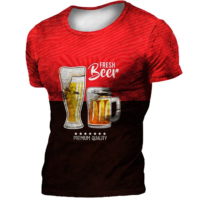 

Men's T shirt 3D Print Graphic Beer Letter Crew Neck Casual Daily Print Short Sleeve Tops Fashion Vintage Designer Big and Tall Red Yellow