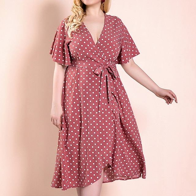 

Women's Plus Size Sheath Dress Polka Dot V Neck Short Sleeve Fall Spring Casual Midi Dress Causal Daily Dress