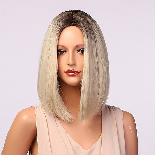 Beauty & Hair Wigs & Hair Pieces | Light White Blonde Ombre Short Bob Wigs for Women Synthetic Straight Hair Wig Natural Cosplay