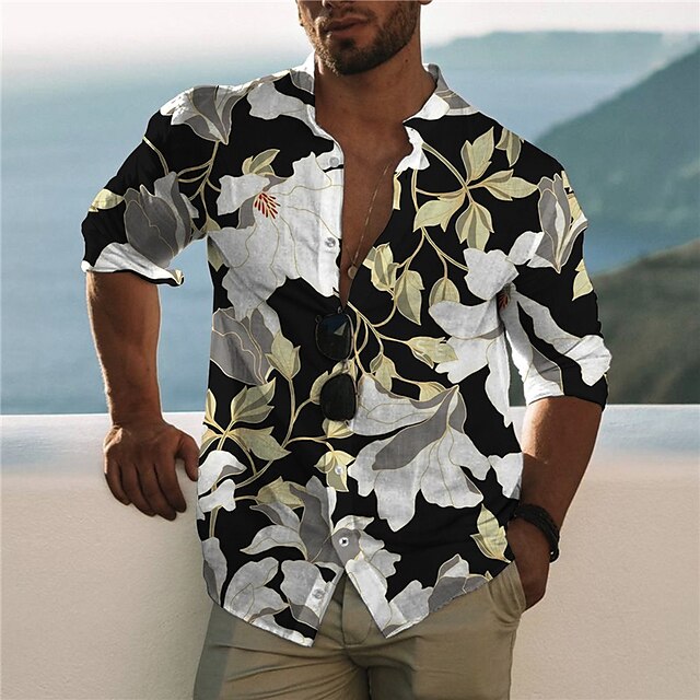 

Men's Shirt 3D Print Floral Stand Collar Casual Daily Button-Down Print Long Sleeve Tops Casual Fashion Designer Comfortable Black