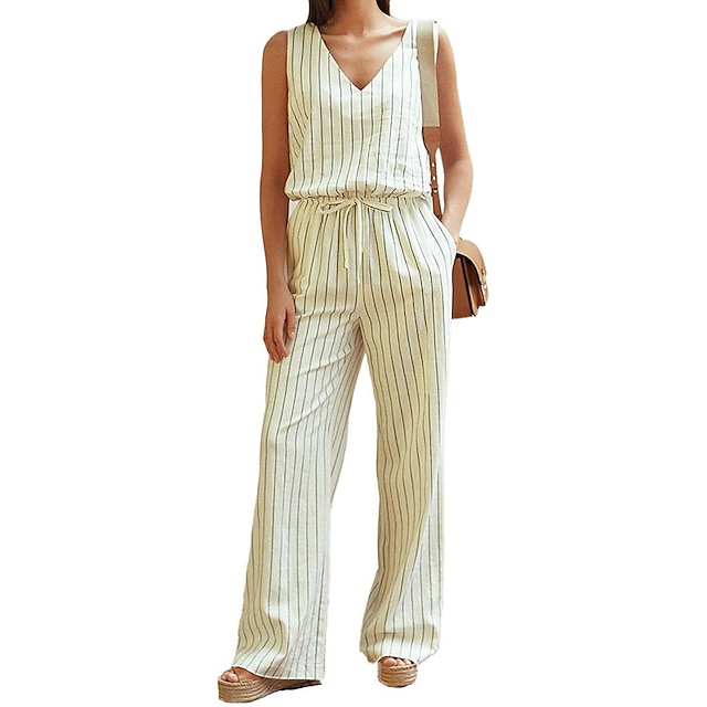 

Women's Jumpsuit Striped V Neck Casual Daily Regular Fit Sleeveless Green Blue White S M L Summer
