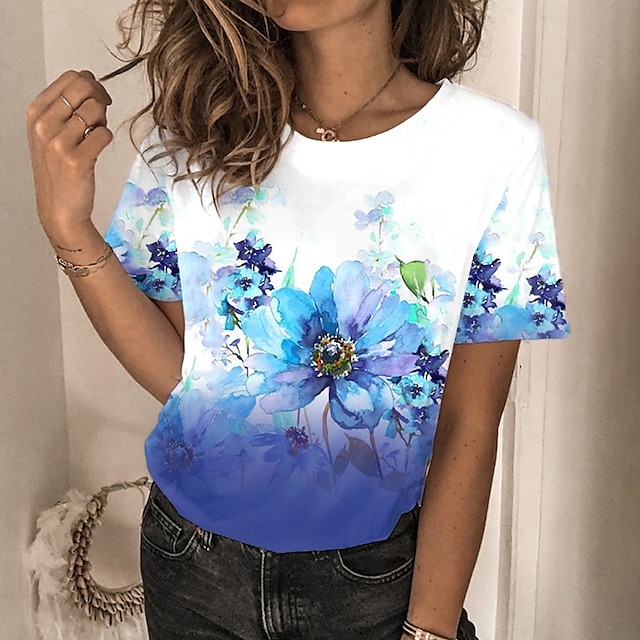 

Women's Floral Theme Painting T shirt Floral Print Round Neck Basic Tops Blue Purple Pink / 3D Print