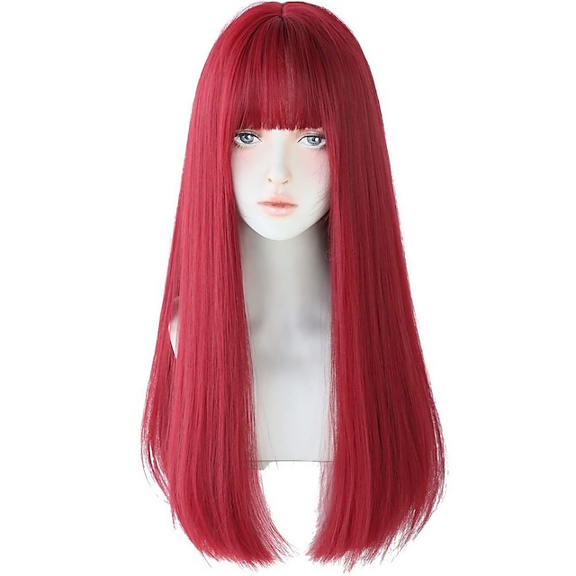  Red Wigs with Bangs Burgundy red Synthetic Long Straight Wig for Women Party and Cosplay Bright Red Wig