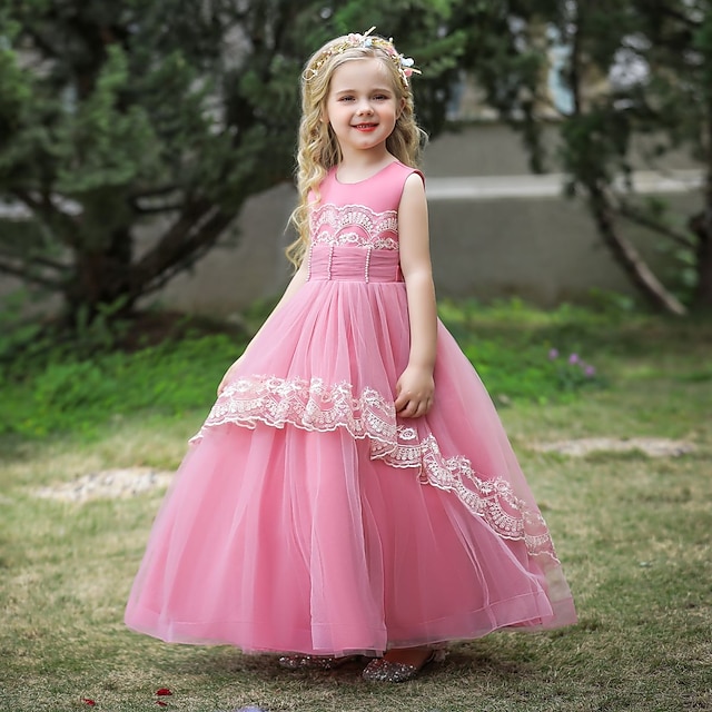 

Kids Little Girls' Dress Plain Tulle Dress Party Birthday Beaded Lace Trims Wine Dusty Rose Gold Maxi Sleeveless Elegant Princess Dresses Children's Day Spring Summer Slim 4-13 Years