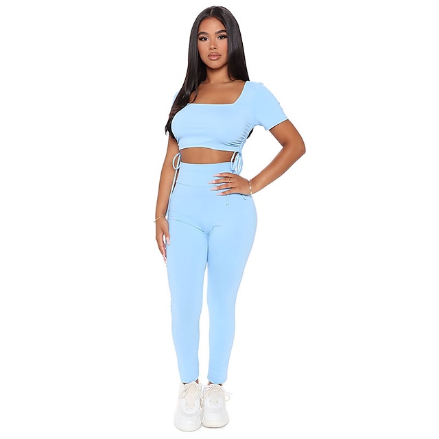 

Women's Basic Plain Sport Casual Two Piece Set Crop Top Pants Sets Pant Leggings Drawstring Tops