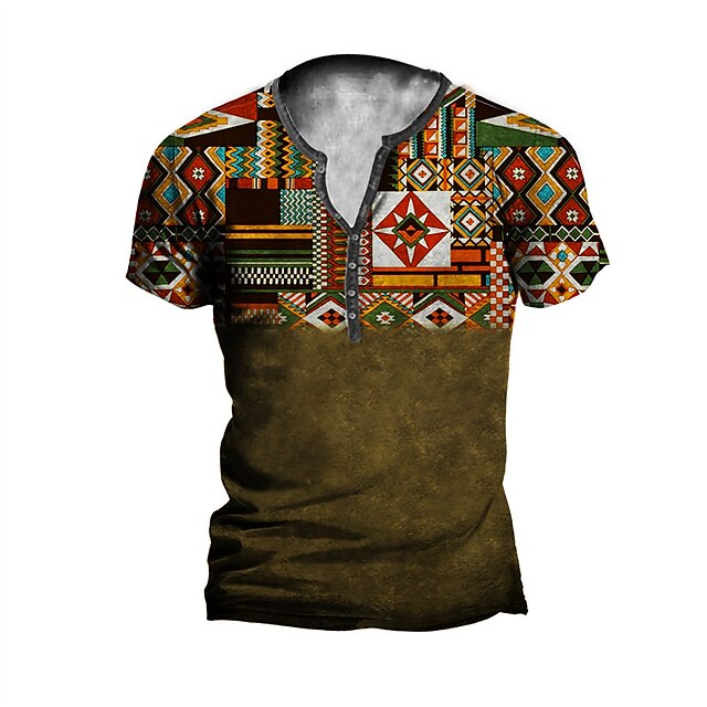 

Men's Henley Shirt T shirt 3D Print Graphic Tribal Henley Casual Daily Button-Down Print Long Sleeve Tops Casual Vintage Classic Designer Brown