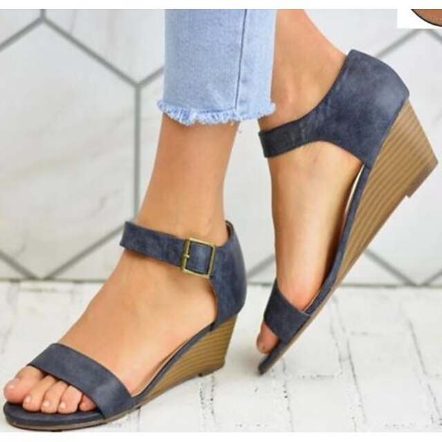 

Women's Sandals Wedge Heel Peep Toe PU Leather Buckle Fall Summer Solid Colored Blue