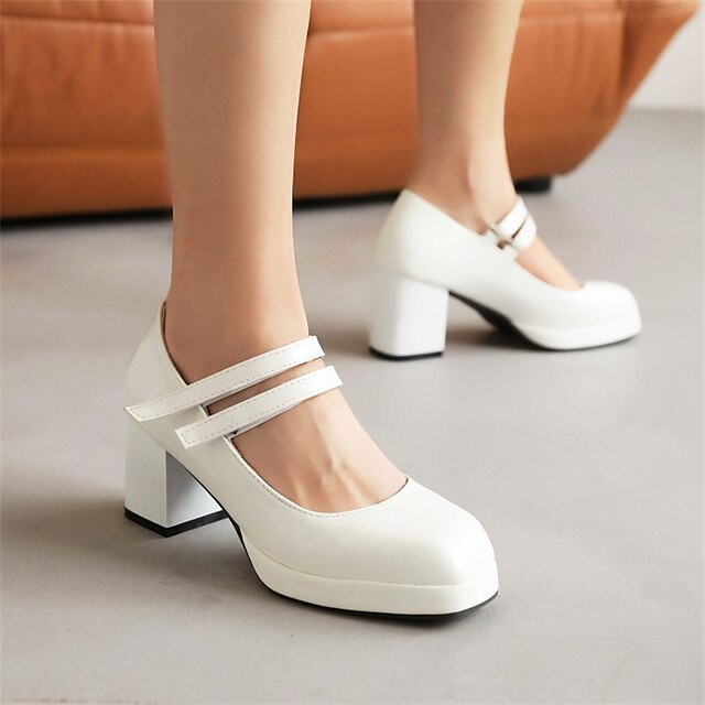 Shoes & Bags Womens Shoes | Womens Heels Chunky Heel Square Toe Sweet Daily PU Leather Magic Tape Spring Summer Solid Colored Wh