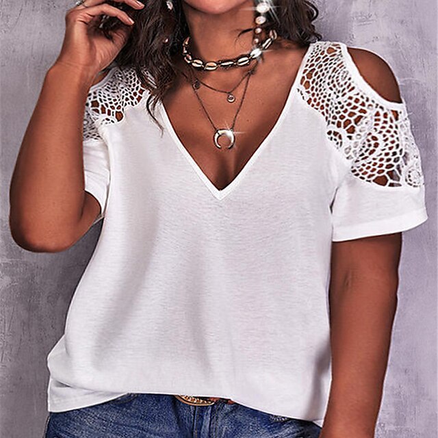 

Women's Plus Size Tops T shirt Plain Cut Out Lace Short Sleeve V Neck Basic Streetwear Daily Going out Polyester Spring Summer White Black