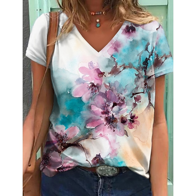 

Women's Floral Theme Painting T shirt Floral Print V Neck Basic Tops Pink / 3D Print