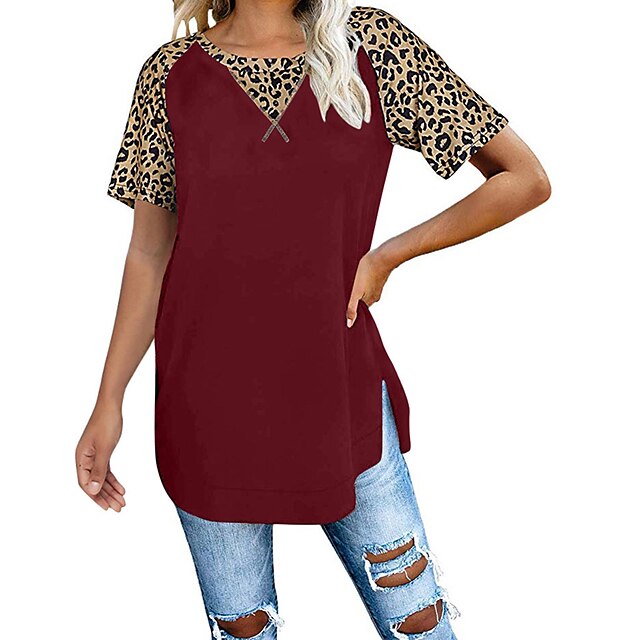 

Women's T shirt Leopard Print Round Neck Basic Tops White Black Gray