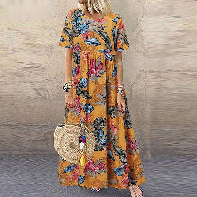 

Women's Shift Dress Maxi long Dress Green White Navy Blue Yellow Short Sleeve Floral Butterfly Animal Print Spring Summer Round Neck Elegant Vacation 2022 S M L XL XXL 3XL 4XL 5XL