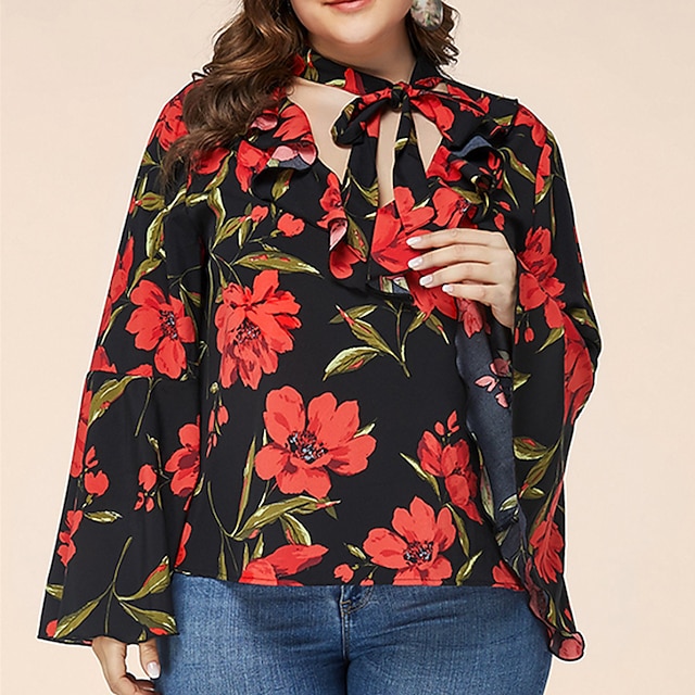 

Women's Plus Size Tops Shirt Floral Lace up Print Long Sleeve V Neck Streetwear Daily Going out Polyester Spring Summer Black