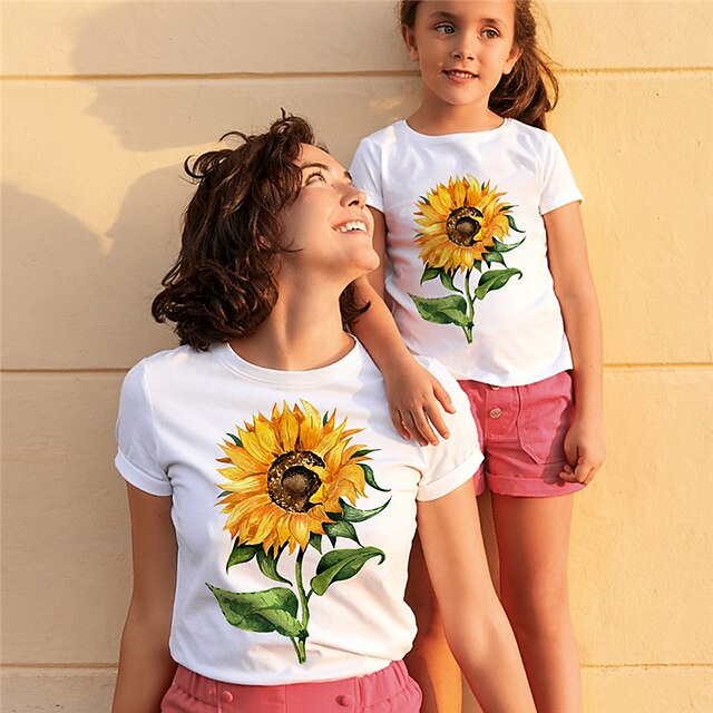 Baby & Kids Matching Outfits | Mommy and Me T shirt Tops Sunflower Street Print White Short Sleeve Active Matching Outfits - YZ4