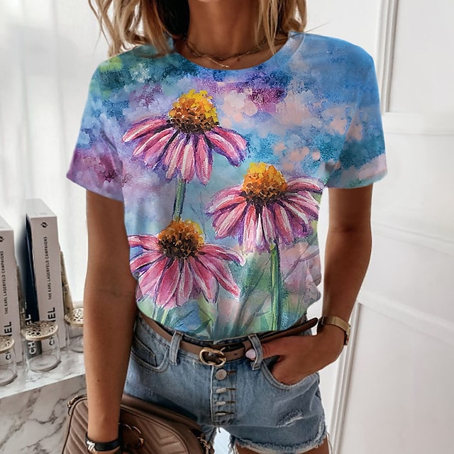 

Women's Floral Theme 3D Printed Painting T shirt Floral Print Round Neck Basic Tops Blue