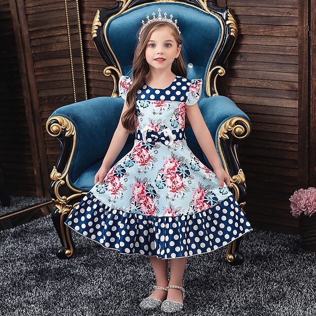 

Kids Toddler Little Girls' Dress Flower Rose Special Occasion Performance Bow Blue Pink Wine Beautiful Cute Dresses Fall Winter Regular Fit 1-4 Years
