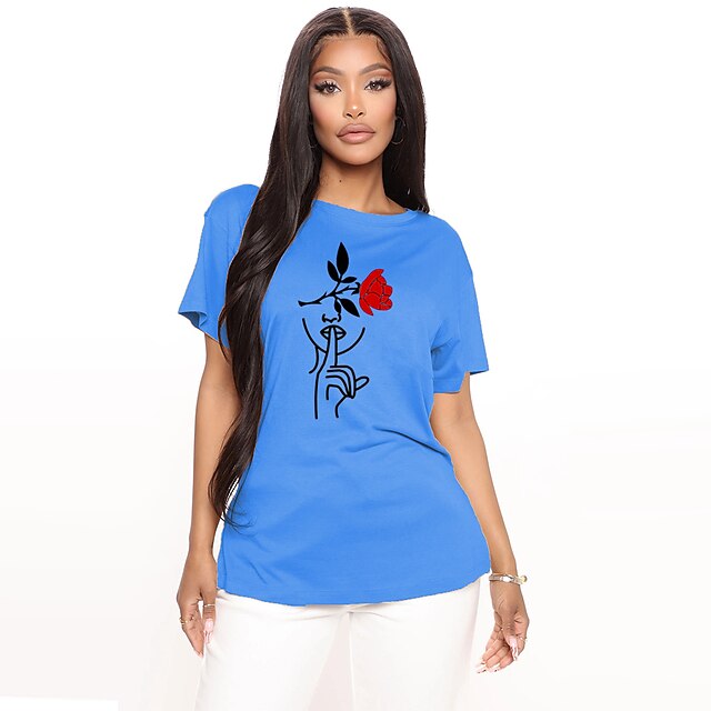

Women's T shirt Graphic Flower Print Round Neck Basic Tops 100% Cotton Green Blue White