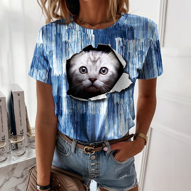 

Women's 3D Cat Painting T shirt Cat 3D Print Round Neck Basic Tops Green Blue Purple