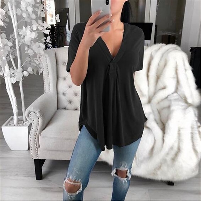 

Women's T shirt Plain Flowing tunic V Neck Basic Tops Blue White Black