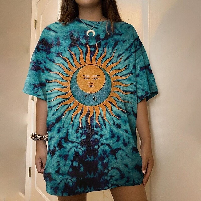 

Women's Geometric Painting T shirt Cartoon Graphic Tie Dye Print Round Neck Ethnic Vintage Tops Blue / 3D Print