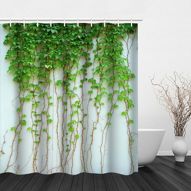  занавеска для душа с крючками, цветочное растение, ярко-зеленые акварельные листья на верхнем растении с цветочным украшением для ванной комнаты, дюйм с крючками