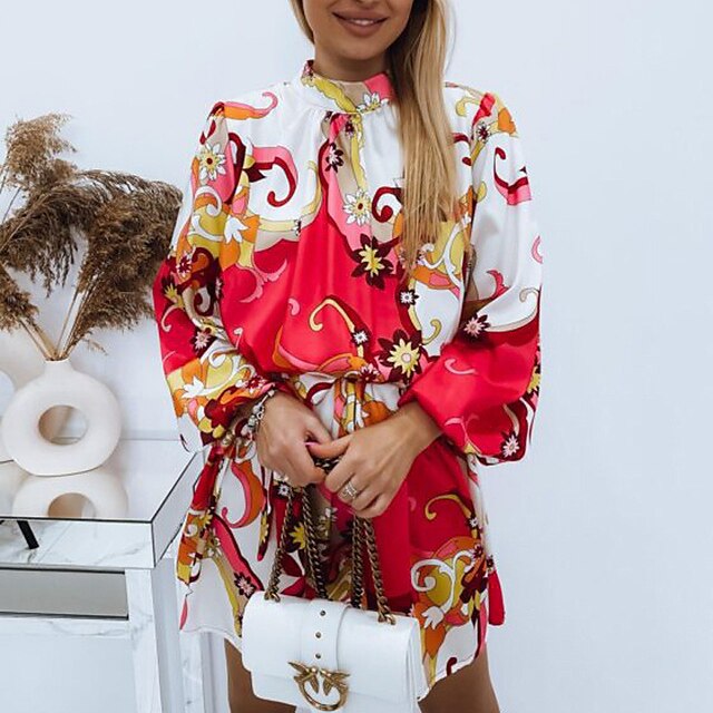 

Women's A Line Dress Short Mini Dress Blue Red Long Sleeve Floral Print Print Spring Summer Stand Collar Personalized Stylish 2022 S M L XL XXL