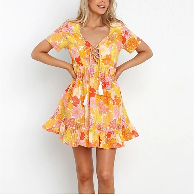 

Women's A Line Dress Knee Length Dress Yellow Short Sleeve Floral Print Summer V Neck Stylish Elegant 2022 S M L XL