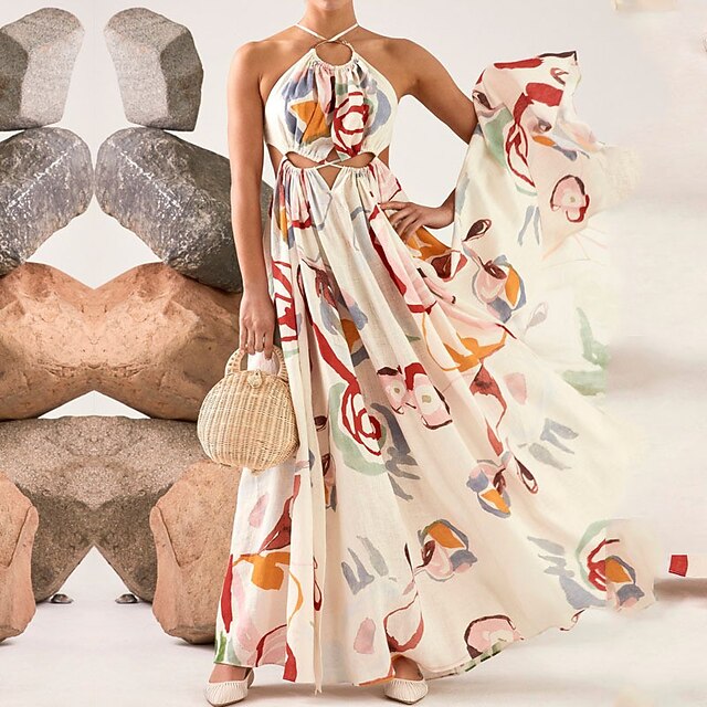 

Women's A Line Dress Maxi long Dress White Sleeveless Print Backless Hollow Out Print Spring Summer Halter Neck Elegant Vacation 2022 S M L XL