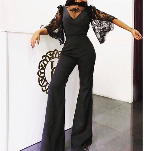 

Women's Jumpsuit Lace Solid Color Stand Collar Elegant Cocktail Party Bar Regular Fit Half Sleeve Black S M L Spring