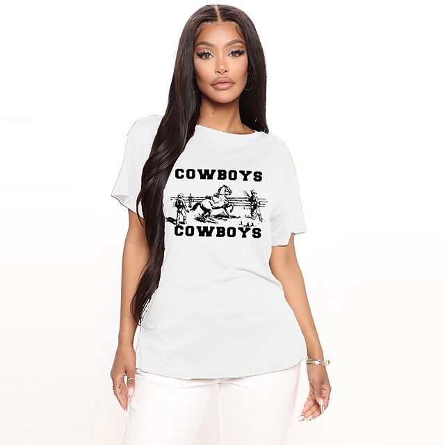 

Women's T shirt Graphic Letter Print Round Neck Basic Tops 100% Cotton Green Blue White