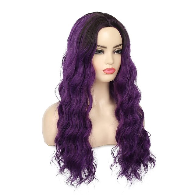 Beauty & Hair Wigs & Hair Pieces | Dark Purple Wigs Ombre Purple Curly Wavy Long Wig For Women Black Roots Natural Cute Colored 