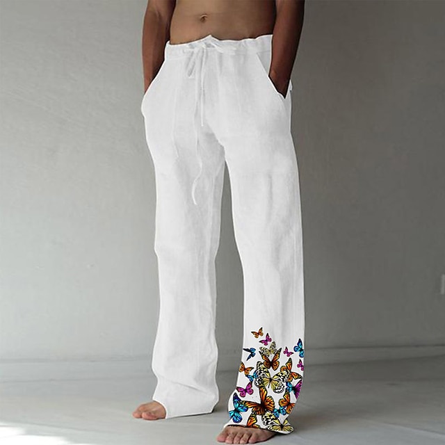 

Men's Fashion Designer Straight Trousers Elastic Drawstring Design Front Pocket Print Pants Casual Daily Butterfly Graphic Prints Cotton Blend Comfort Soft Mid Waist White Khaki M L XL XXL 3XL