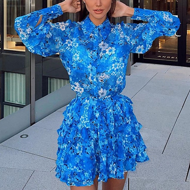 

Women's A Line Dress Short Mini Dress Green Blue Long Sleeve Floral Print Spring Summer Shirt Collar Personalized Stylish 2022 S M L XL