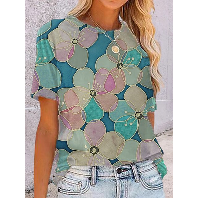 

Women's T shirt Flower Print Round Neck Basic Tops Green / 3D Print