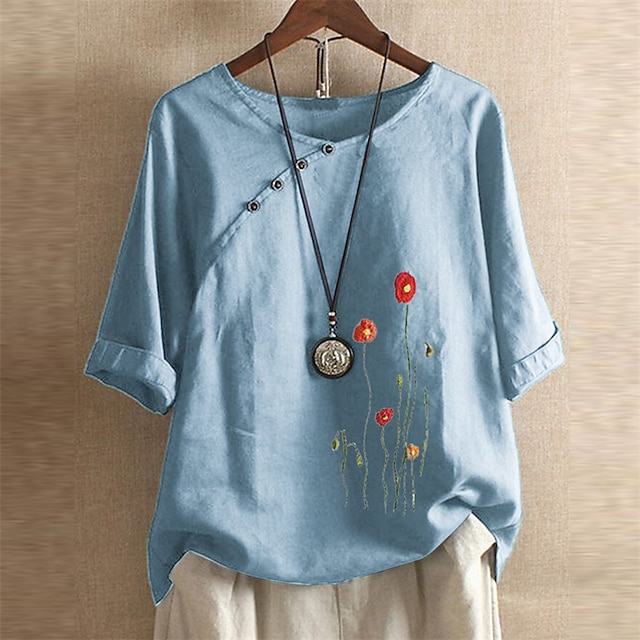 

Women's Plus Size Tops T shirt Floral Embroidered Button 3/4 Length Sleeve Crewneck Vintage Streetwear Daily Going out Cotton Spring Summer Blue Pink
