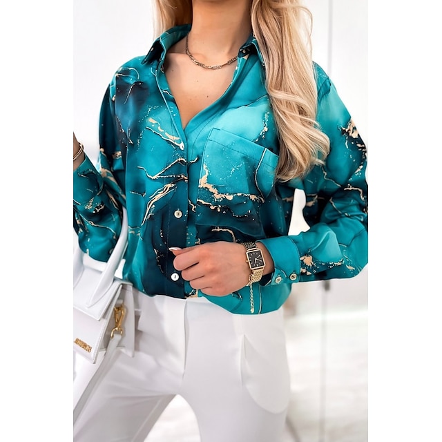 

Women's Blouse Shirt Graphic Abstract Pocket Button Print Shirt Collar Casual Streetwear Tops Green Blue Black / 3D Print