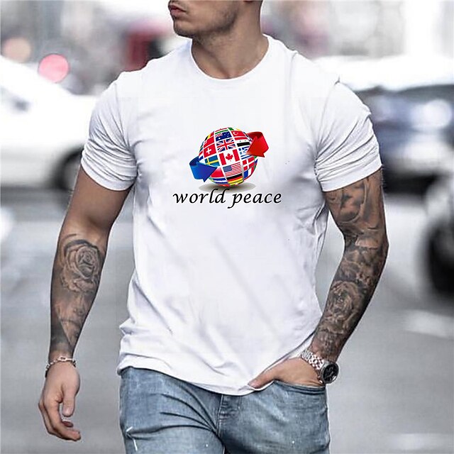 

Men's Unisex T shirt Hot Stamping Graphic Prints Earth Letter Crew Neck World Peace Casual Daily Print Short Sleeve Tops Basic Designer Big and Tall Sports White