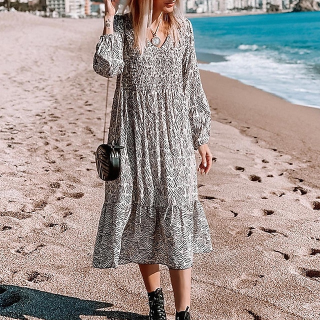 

Women's Shift Dress Midi Dress Black Long Sleeve Striped Print Spring Summer V Neck Stylish Casual Vacation 2022 S M L XL XXL 3XL