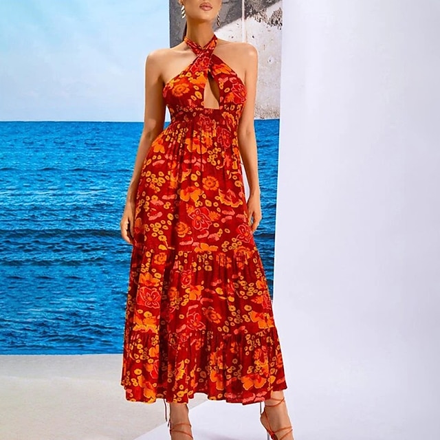 

Women's Sheath Dress Maxi long Dress Pink Red Sleeveless Floral Hollow Out Lace up Print Fall Summer Halter Neck Stylish Casual Boho 2022 S M L XL