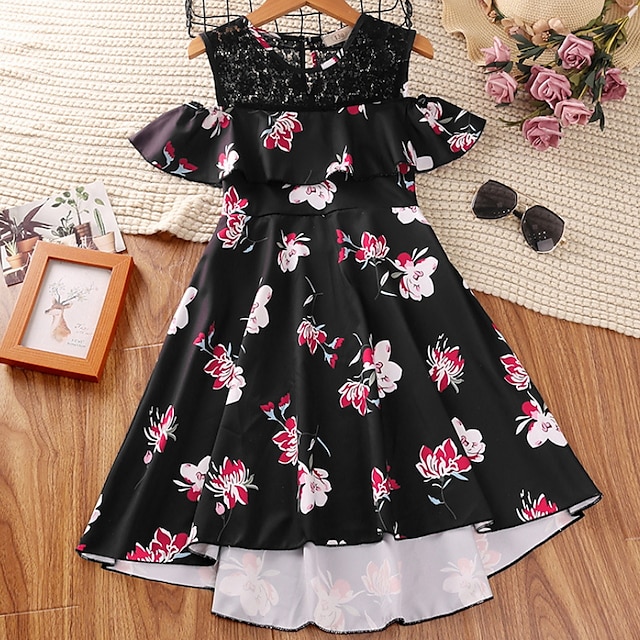 

Kids Little Girls' Dress Cartoon Graphic A Line Dress Daily Ruched Ruffle Lace Black Asymmetrical Sleeveless Cute Sweet Dresses Fall Summer Regular Fit 4-12 Years