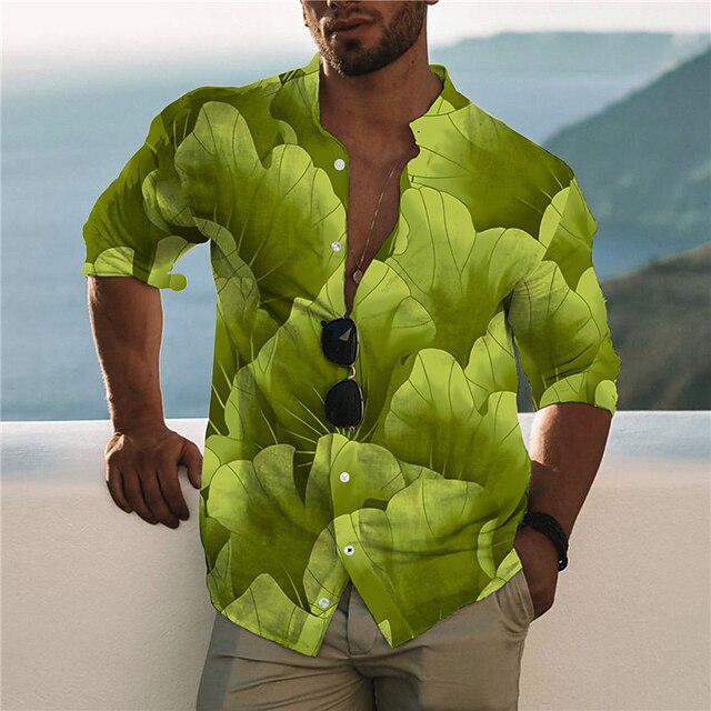 

Men's Shirt 3D Print Leaves Stand Collar Casual Daily Button-Down Print Long Sleeve Tops Casual Fashion Designer Comfortable Green Blue