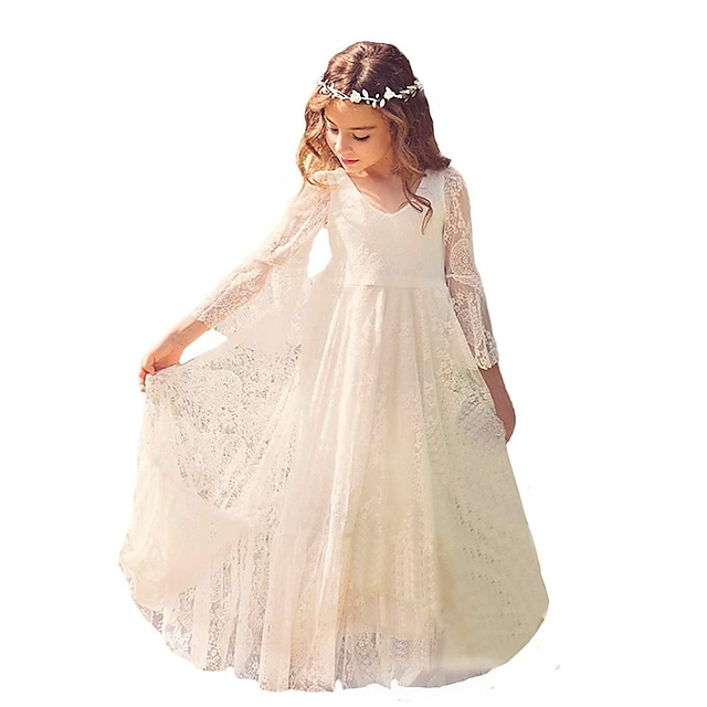 

Kids Little Girls' Dress Plain A Line Dress Special Occasion Performance Ruched Mesh Lace White Asymmetrical Long Sleeve Princess Sweet Dresses Fall Spring Regular Fit 4-12 Years